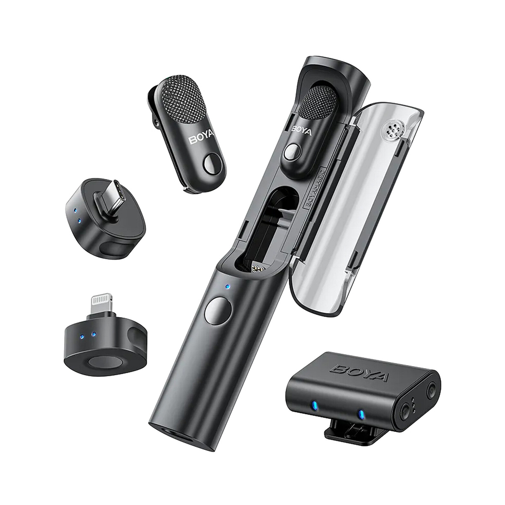 Boya Wireless Microphone Magic 4 in1 3 RX+2 TX+1 Caz de încărcare + 1 sac de stocare all-in-one, Tip-c+Lightning+3,5 mm Receptioner aparat de fotografiat, negru
